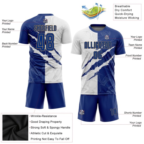 Soccer Graffiti Sublimation Jersey Gold Scratch White-Old Pattern Uniform Custom Royal Soccer Graffiti Sublimation Jersey Gold Scratch White-Old Pattern Uniform Custom Royal