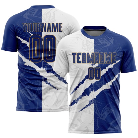 Soccer Graffiti Sublimation Jersey Gold Scratch White-Old Pattern Uniform Custom Royal Soccer Graffiti Sublimation Jersey Gold Scratch White-Old Pattern Uniform Custom Royal