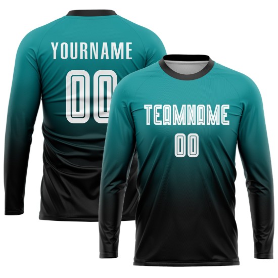 Sublimation Teal Custom Soccer Fashion Uniform White-Black Fade Jersey Sublimation Teal Custom Soccer Fashion Uniform White-Black Fade Jersey