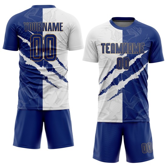 Soccer Graffiti Sublimation Jersey Gold Scratch White-Old Pattern Uniform Custom Royal Soccer Graffiti Sublimation Jersey Gold Scratch White-Old Pattern Uniform Custom Royal