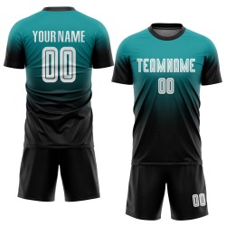 Sublimation Teal Custom Soccer Fashion Uniform White-Black Fade Jersey Sublimation Teal Custom Soccer Fashion Uniform White-Black Fade Jersey