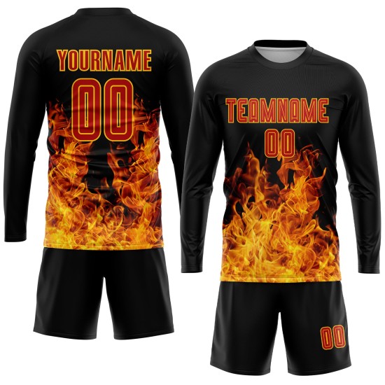 Custom Jersey Sublimation Soccer Uniform Flame Red-Gold Black Custom Jersey Sublimation Soccer Uniform Flame Red-Gold Black