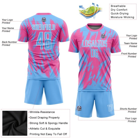Pink Custom Blue-White Light Uniform Sublimation Soccer Jersey Pink Custom Blue-White Light Uniform Sublimation Soccer Jersey