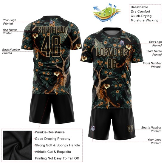 Old Sublimation Custom Tiger And Jersey Peacock Uniform Black Gold Soccer Old Sublimation Custom Tiger And Jersey Peacock Uniform Black Gold Soccer