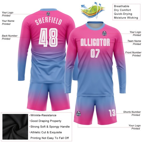 Uniform Custom Soccer White-Light Blue Long Fade Sleeve Fashion Pink Sublimation Jersey Uniform Custom Soccer White-Light Blue Long Fade Sleeve Fashion Pink Sublimation Jersey