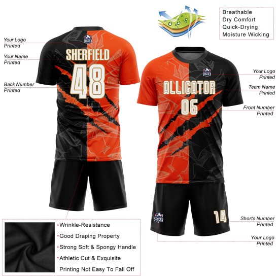 Uniform Pattern Custom Black Gold Soccer Graffiti Scratch Orange-Old White Sublimation Jersey