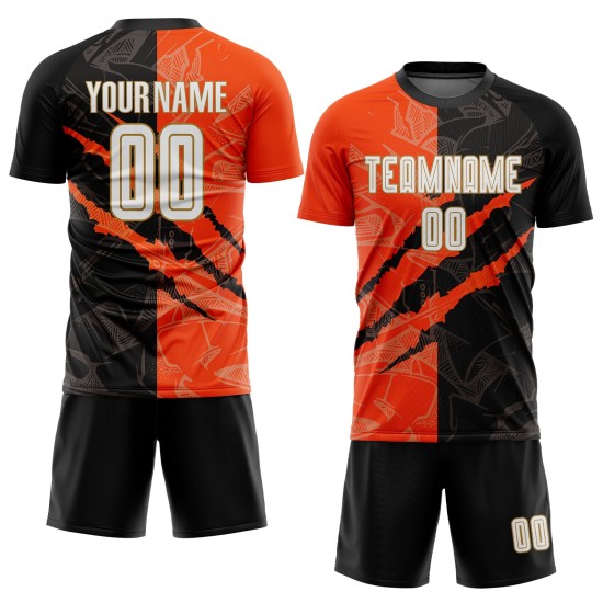 Uniform Pattern Custom Black Gold Soccer Graffiti Scratch Orange-Old White Sublimation Jersey