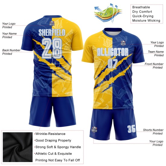 Soccer Royal Scratch White Custom Yellow-Light Jersey Graffiti Pattern Blue Sublimation Uniform Soccer Royal Scratch White Custom Yellow-Light Jersey Graffiti Pattern Blue Sublimation Uniform