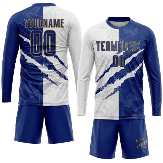 Soccer Graffiti Sublimation Jersey Gold Scratch White-Old Pattern Uniform Custom Royal Soccer Graffiti Sublimation Jersey Gold Scratch White-Old Pattern Uniform Custom Royal