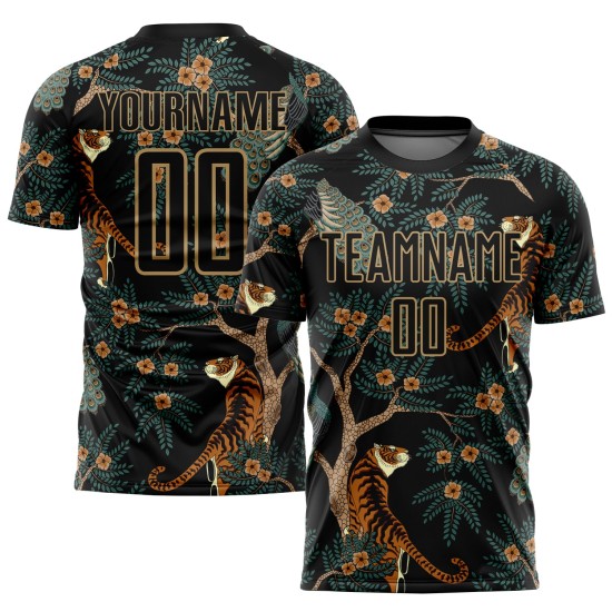 Old Sublimation Custom Tiger And Jersey Peacock Uniform Black Gold Soccer Old Sublimation Custom Tiger And Jersey Peacock Uniform Black Gold Soccer