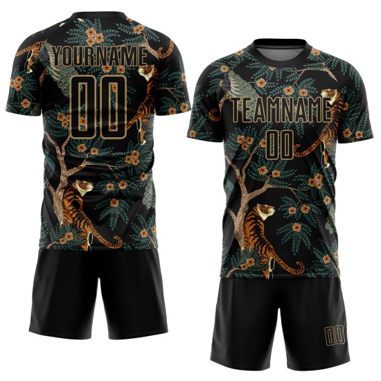 Old Sublimation Custom Tiger And Jersey Peacock Uniform Black Gold Soccer Old Sublimation Custom Tiger And Jersey Peacock Uniform Black Gold Soccer