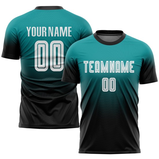 Sublimation Teal Custom Soccer Fashion Uniform White-Black Fade Jersey Sublimation Teal Custom Soccer Fashion Uniform White-Black Fade Jersey