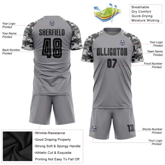 Custom Soccer Sublimation Black-Camo Uniform Jersey Gray Custom Soccer Sublimation Black-Camo Uniform Jersey Gray