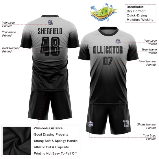 Custom Soccer Black Fashion Sublimation Fade Jersey Uniform Gray Custom Soccer Black Fashion Sublimation Fade Jersey Uniform Gray