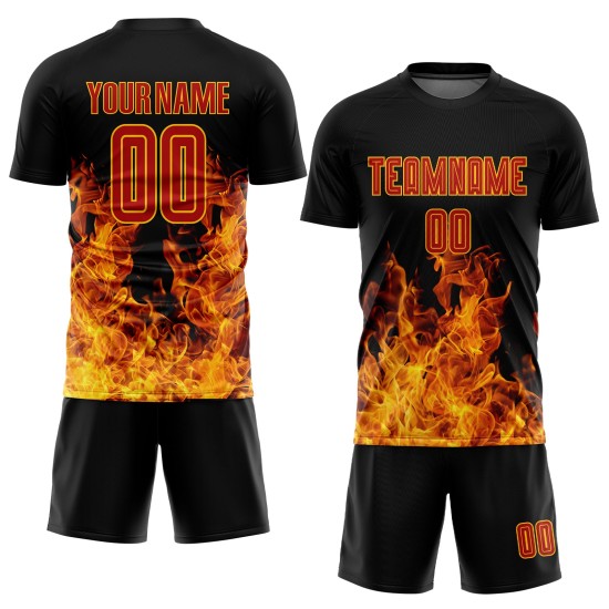 Custom Jersey Sublimation Soccer Uniform Flame Red-Gold Black Custom Jersey Sublimation Soccer Uniform Flame Red-Gold Black