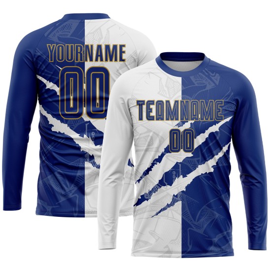 Soccer Graffiti Sublimation Jersey Gold Scratch White-Old Pattern Uniform Custom Royal Soccer Graffiti Sublimation Jersey Gold Scratch White-Old Pattern Uniform Custom Royal