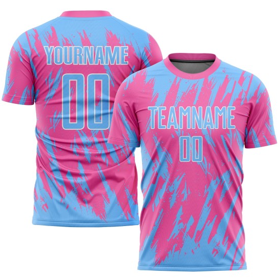 Pink Custom Blue-White Light Uniform Sublimation Soccer Jersey Pink Custom Blue-White Light Uniform Sublimation Soccer Jersey