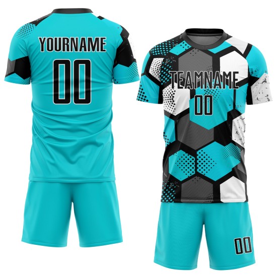 Sublimation Jersey Custom Black-White Soccer Aqua Uniform
